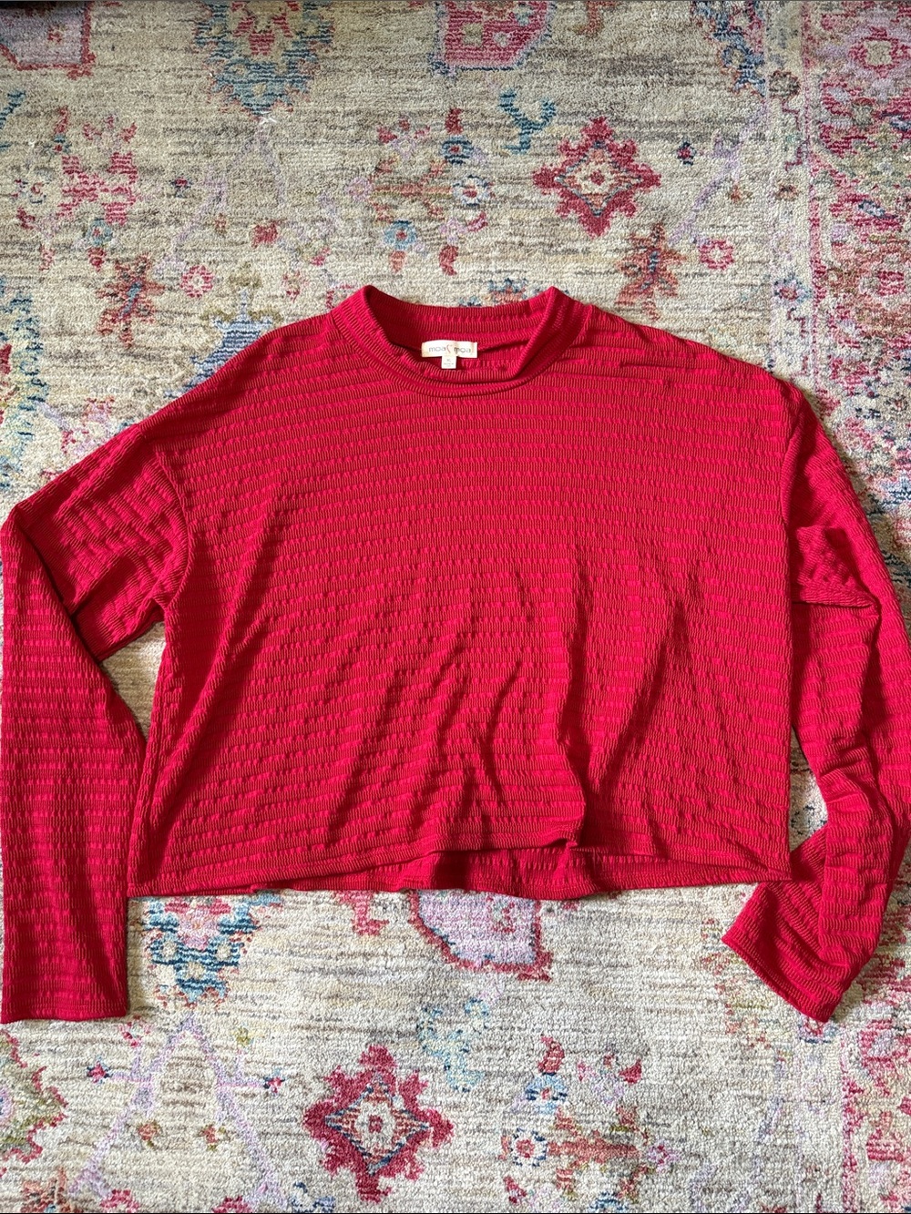 Moa Moa Red Textured Long-Sleeve Crop Top